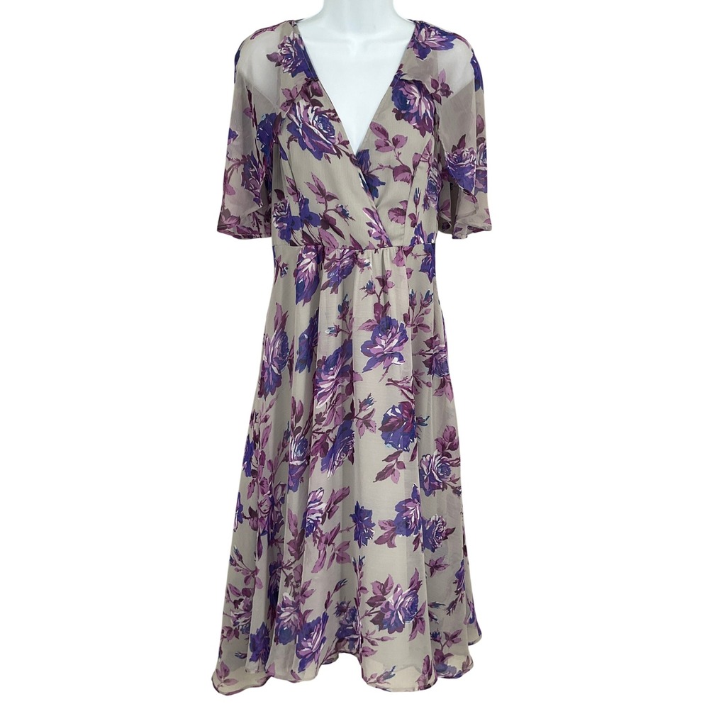 ASOS Midi Dress Women Size 8 Purple‎ Floral Wrap Open Back Wedding Guest Spring